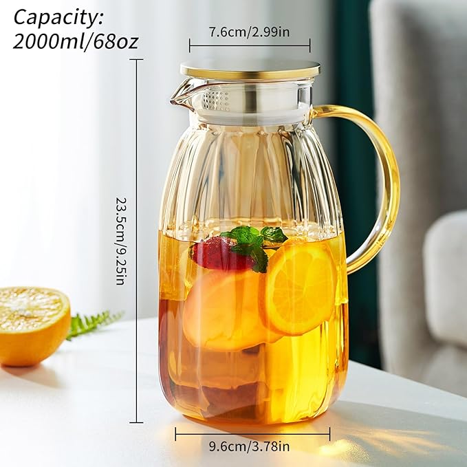 68OZ Glass Pitcher with Lid and Spout, Water Jug, 2000ml Carafe for Hot/Cold Water, Large Iced Tea Pitcher for Coffee, Juice and Homemade Beverage