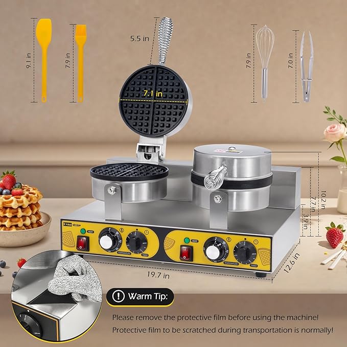 Dyna-Living Commercial Waffle Maker Double Head Waffle Maker, 2400W Non-Stick Commercial Waffle Iron Stainless Steel Waffle Machine for Restaurants, Large Waffle Machine Commercial