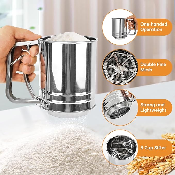 Flour Sifter, 3 in 1 Stainless Steel Sifter for Baking, 3 Cup Double Layer Fine Mesh Sifter, Powdered Sugar Shaker Duster Set for Baking Cakes, Pastries, Pies, Cupcakes and Desserts