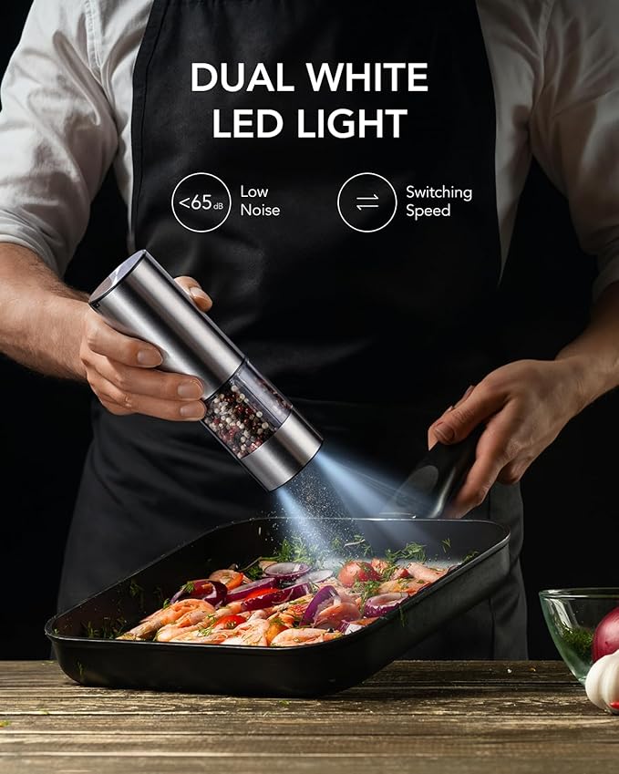 FORLIM Rechargeable Electric Salt and Pepper Grinder Set, Dual-Speed Control, Stainless Steel Automatic Salt & Pepper Mill with Dust Cover, 2 LED Lights, Adjustable Coarseness (2-Pack, Glossy Silver)