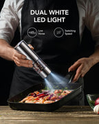 FORLIM Rechargeable Electric Salt and Pepper Grinder Set, Dual-Speed Control, Stainless Steel Automatic Salt & Pepper Mill with Dust Cover, 2 LED Lights, Adjustable Coarseness (2-Pack, Glossy Silver)