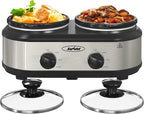 2 * 1.25 Quarts Dual Slow Cooker, Buffet Server & Warmer with 2 Removable Ceramic Pots, 3 Adjustable Temp Settings & 2 Visible Glass Lids, Stainless Steel, Silver