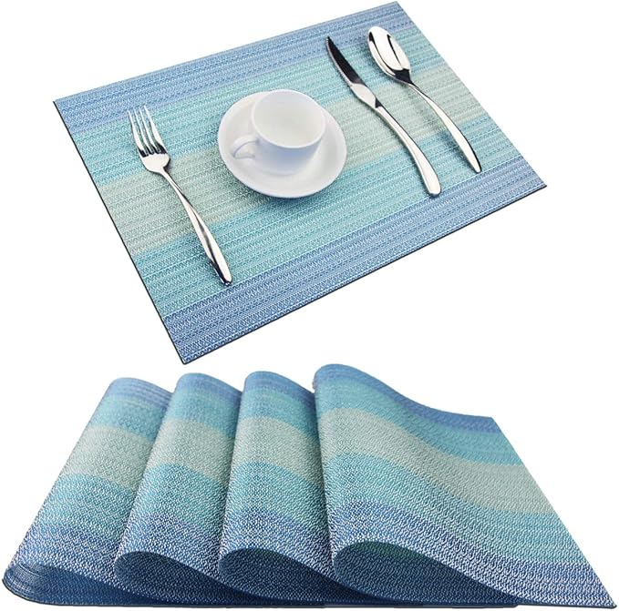 PIGCHCY Placemat,Washable Woven Non-Slip Insulation Durable Placemat Vinyl Table Mat Set of 4 (4pcs Placemats,Coastal Blue)