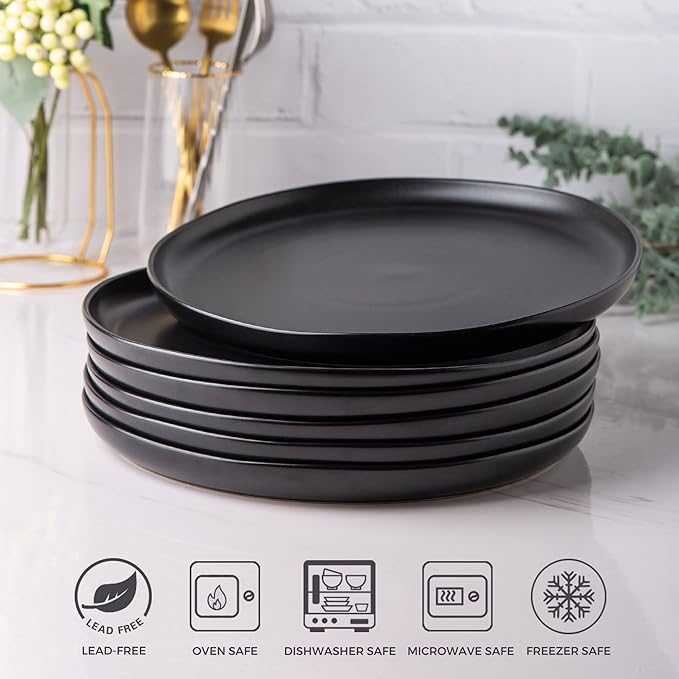 AmorArc Ceramic Dinner Salad Plates Set of 6, Wavy Rim 8.5 Inch Dish Set, The Dessert,Salad, Appetizer, Small Dinner etc Plate,Microwave, Dishwasher Safe, Scratch Resistant, Matte Black