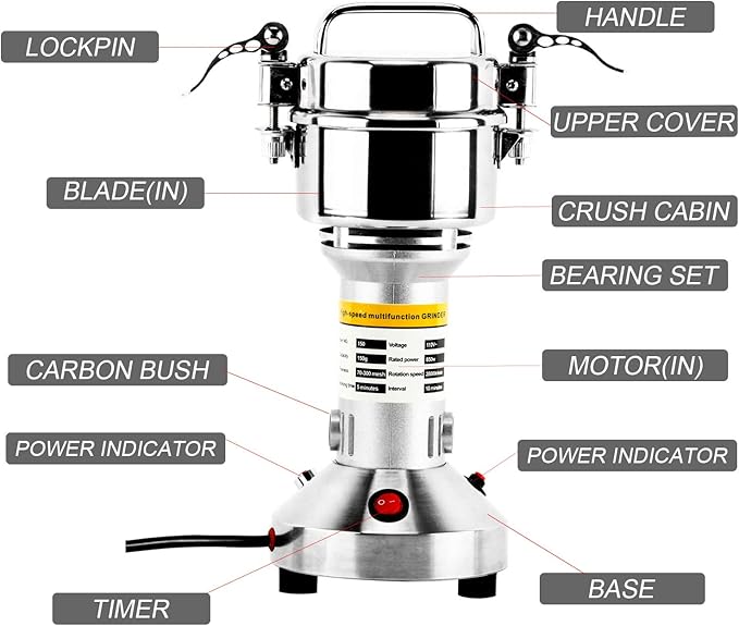 High Speed 150g Electric Grain Mill Grinder Powder Machine Spice Herb Grinder 850W 70-300 Mesh 28000RPM Stainless Steel Commercial Grade for Kitchen Herb Spice Pepper Coffee (150g)