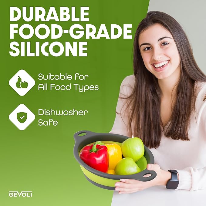 Collapsible Colanders with Self-Draining Base for Edge of Sink, Food Strainers (Small/Med/Large), Nested Design for Easy Storage (Red, Blue, Green) (4PC Set)