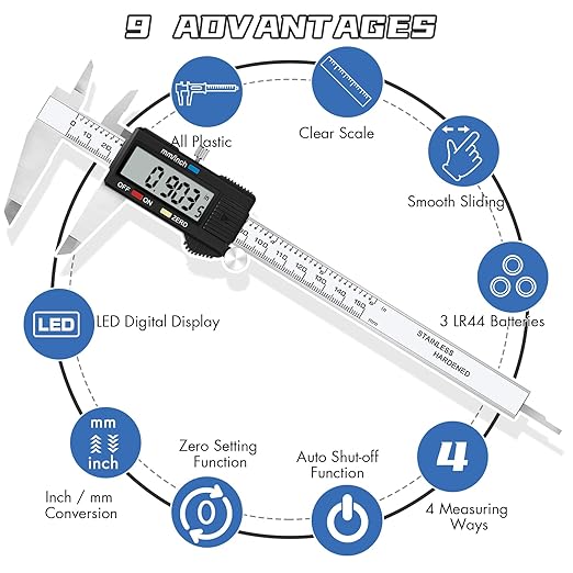 Electronic Digital Caliper Measuring Tool, Stainless Steel Vernier Caliper Digital, Easy Switch from Inch Metric, LCD Screen,0-6inch/150mm Caliper Measuring Tool for DIY/3D Printing