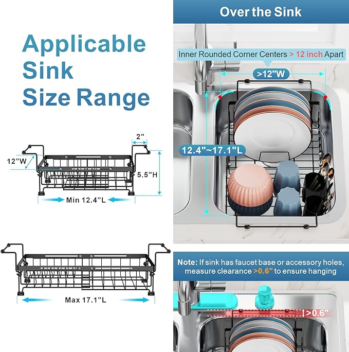 iSPECLE Expandable in Sink Dish Drying Rack with Mat - Adjustable Capacity Over The Sink Dish Drainer Drying Rack with Utensil Holder, 12.4"-17.1" L x 12" W, Black