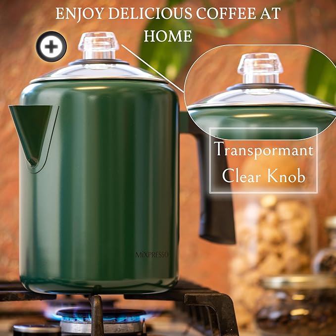 Mixpresso Green Stainless Steel Coffee Percolator Stovetop, 37oz Classic Percolator Coffee Pot, Great For Camping Pot, 5-8 Cup Stove Top Espresso Maker, Cool-Touch Handle