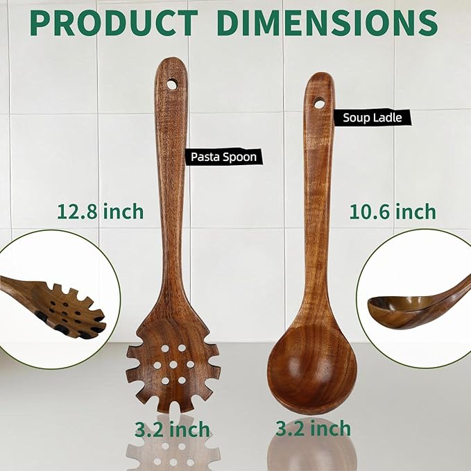 Wooden Spoons for Cooking, Teak Wooden Utensil Set, 2Pcs Kitchen Utensils, Large Cooking Spoons for Soup and Pasta Serving Mixing (Ladle & Pasta Scoop Strainer)