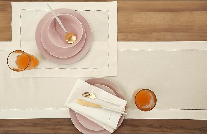 Solino Home Ivory Table Runner 108 Inches Long - Cotton Linen Hemstitch 14 x 108 Inch Table Runner for Dining, Summer, Fall, Autumn