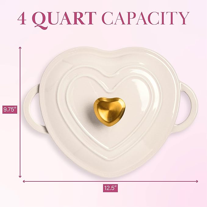 Paris Hilton Enameled Cast Iron Dutch Oven Heart-Shaped Pot with Lid, Dual Handles, Works on All Stovetops, Oven Safe to 500°F, 4-Quart, Cream