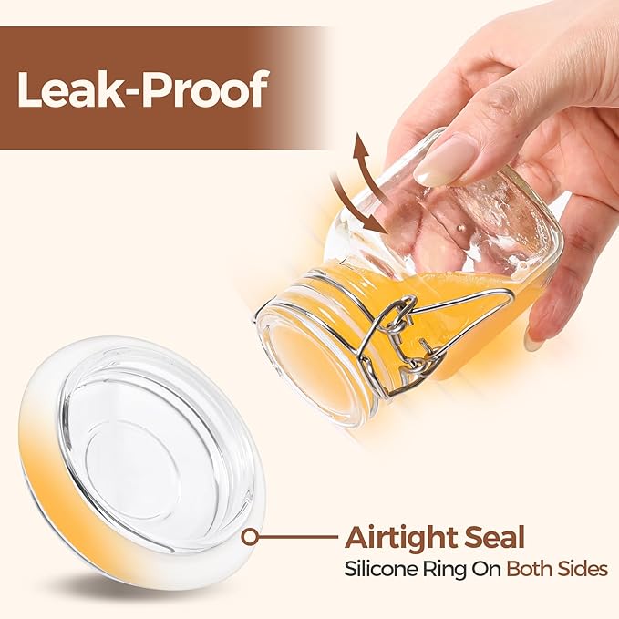 ComSaf 4 oz Glass Jars with Lid, Set of 6 Mini Airtight Glass Jars, Spice Jars, Small Mason Jar, Canning Jar Square with Seal Wire Clip Fastening, Labels & Funnels for Jam, Honey, Kitchen, Wedding