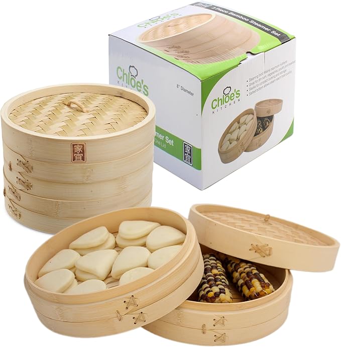 Zoie + Chloe Bamboo Steamer Basket - 2-Tier Dumpling Steamer for Cooking with 2 Reusable Cotton Liners for Bao, Dim Sum, Veggies, Asian Steamed Buns -Stackable, Space-Efficient - 10-Inch Steam Basket