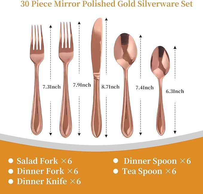 Rose Gold Silverware Set,30-Piece Stainless Steel Flatware for 6, Heavy-Duty 18/0 Stainless Steel Utensils,Mirror Polished Dishwasher Safe for Home & Kitchen Dining