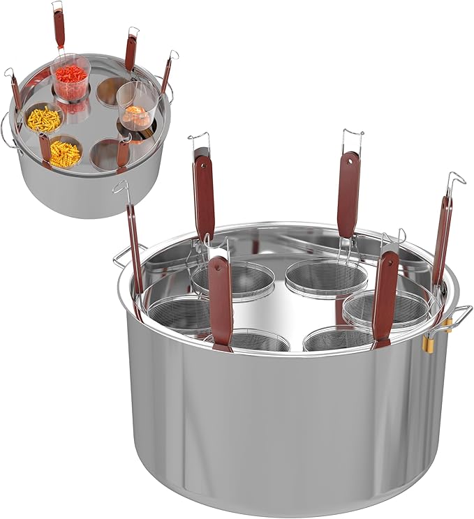 Large Pasta Cooker with Strainer,53.22 Qt. Commercial Pasta Pot,Stainless Steel Pasta Cooker Insert Set with Strainer Basket,Multipots Cooking Tool for Commercial Restaurant,6 Holes
