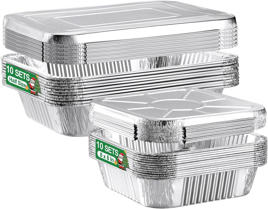 20 Set Disposable Aluminum Pans with Lids Assorted Sizes - 10 Large 10.25x12 Foil Pans Half Size & 10 Small 8x8 Tin Foil Baking Pans, Tin Trays Containers for Meal Prep, Food Cooking, Roasting