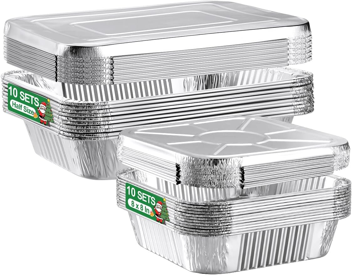 20 Set Disposable Aluminum Pans with Lids Assorted Sizes - 10 Large 10.25x12 Foil Pans Half Size & 10 Small 8x8 Tin Foil Baking Pans, Tin Trays Containers for Meal Prep, Food Cooking, Roasting