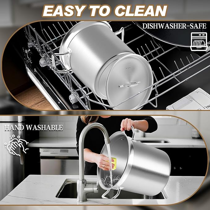 Large Stock Pot - 20Qt Brushed Stainless Steel Stock Pot With Lid - Heavy Duty Induction Commercial Grade Stockpots for Soup, Stew, Oven, Gas, Ceramic, and Dishwasher Safe