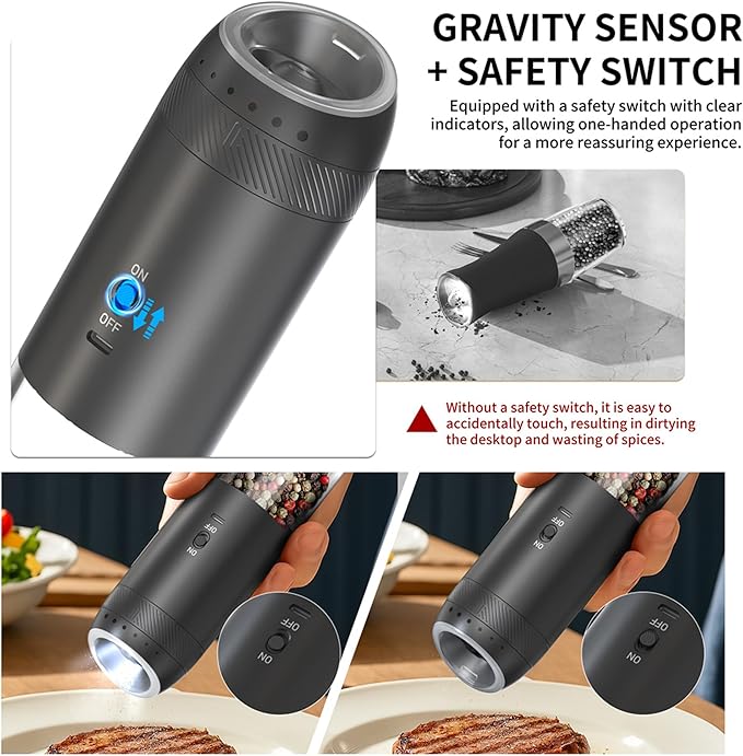 Electric Salt and Pepper Grinder Set – Rechargeable Gravity Automatic Pepper Mill Gift Set with LED Light & 6 Adjustable Coarseness