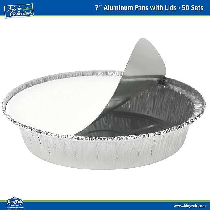 Nicole Home Collection Aluminum Pans 7” Round Disposable Foil Pans With Lids (50 Pack) – 7 Inch Round Disposable Takeout Pans With Board Lids (7" Inch Round)