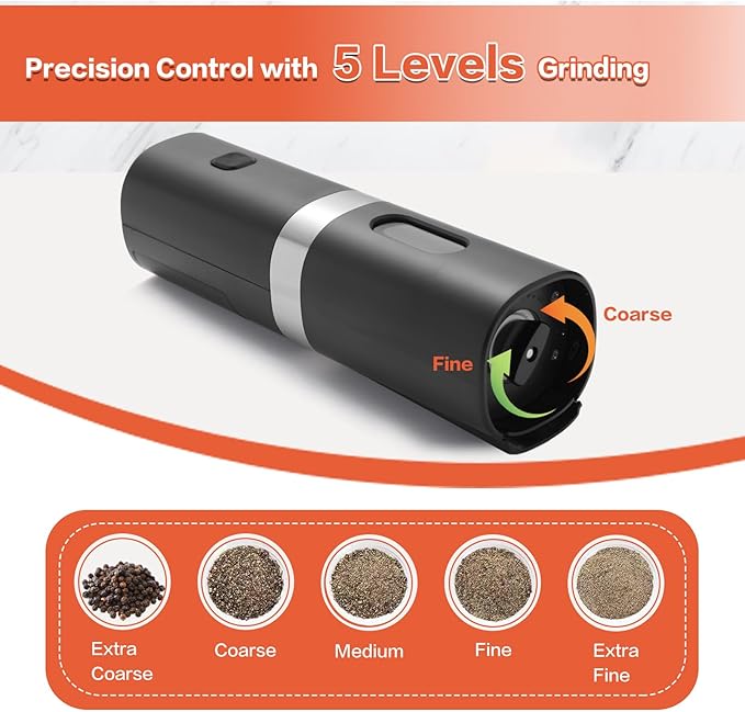 Syaws Electric Pepper and Salt Grinder,Battery Powered Pepper Grinders,Automatic Pepper Mill with LED Light,Adjustable Coarseness One-Hand Operation (Black-Rechargeable Set)