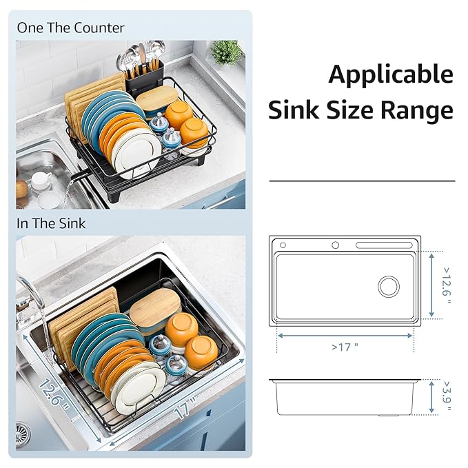 Dish Drying Rack for Kitchen Counter, Space-Saving Dish Rack, Multifunctional Dish Drainer Rack, Sink Kitchen Dishes Strainer, Dryer Rack with Drain Board, and Cutlery Holder,Small Size Black