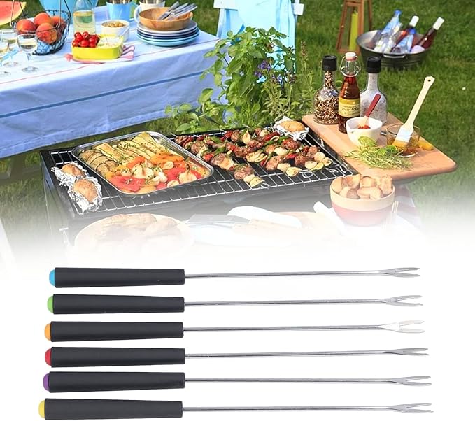 6PCS Stainless Steel Fondue Forks, Fondue Sticks, Smore Sticks with Heatproof Handle for Chocolate Fountain Cheese Roast Marshmallows Dessert Fruits