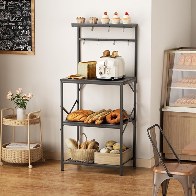 Kitchen Bakers Rack with Storage Shelves, Small Coffee Bar Cart with 8 Hooks, 4 Tiers Microwave Stand Station with Adjustable Shelves, Freestanding Kitchen Appliance Organizer, Black