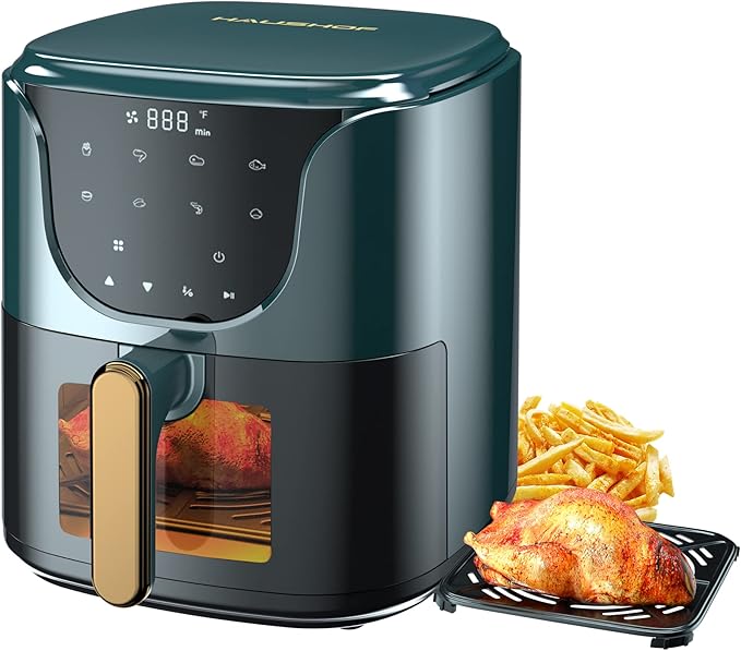 HAUSHOF 5.8 QT Air Fryer Small Oven, Digital Oil-Less Cooker 1450 W Airfryer, 8 Presets Cooking Functions, Time & Temperature Control, with Nonstick Tray, Green