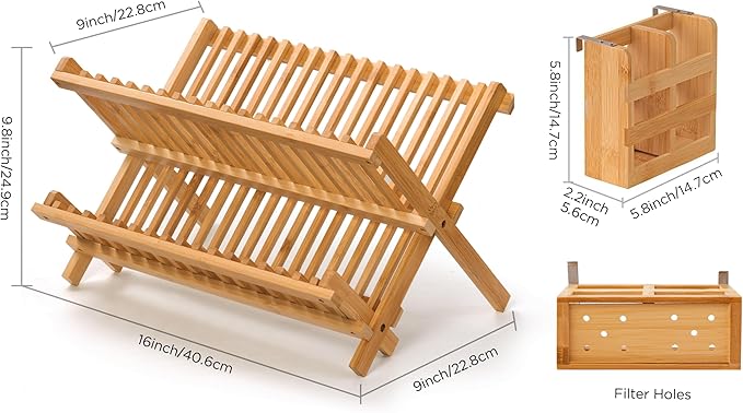 Bamboo Dish Drying Rack with Utensil Holder, 2 Tier Collapsible Dish Rack for Kitchen Counter, Large Folding Drying Holder, Dish Drainer, Kitchen Organizers and Storage