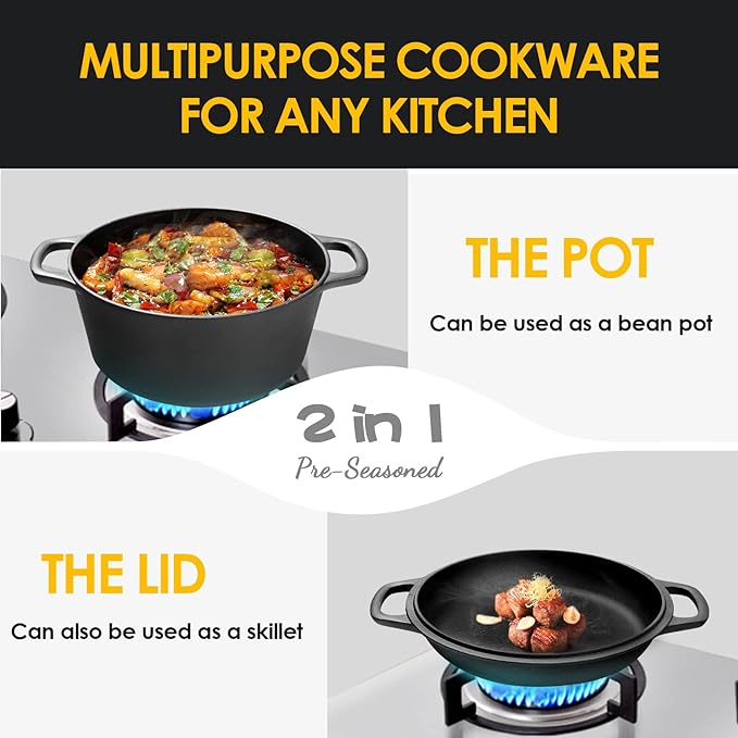2-in-1 Pre-Seasoned Cast Iron Dutch Oven Pot with Skillet Lid Cooking Pan, Cast Iron Skillet Cookware Pan Set with Dual Handles, Indoor Outdoor for Bread/Frying/Baking/Camping/BBQ, 5 Qt