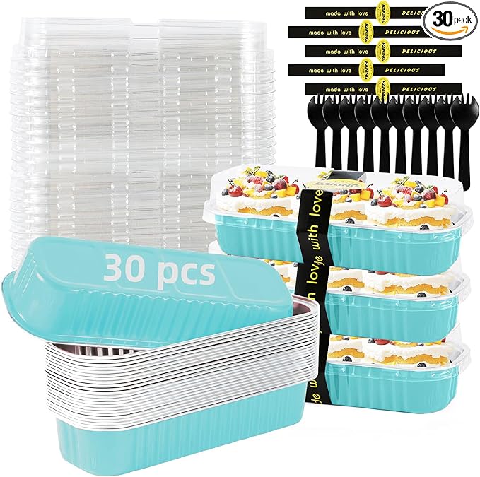 Mini Loaf Pans with Lids and Spoons Sealing Sticker,30 Pcs 6.8oz Cake Pans for Baking Disposable Aluminum Foil Red cake pan (30 Pcs Blue)