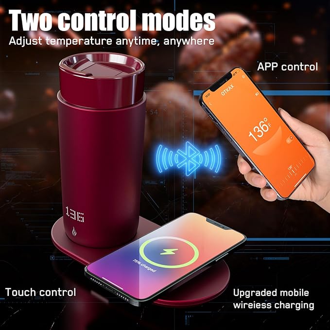 Temperature Control Heated Coffee Mug Smart Self Heating Travel Mug 12 Oz App Controlled Warmer Mug 4-10 Hour LED Display Keep Coffee Hot All Day Fast Wireless Charger Base Rogue red