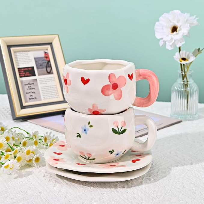 Koythin Ceramic Coffee Mug with Saucer Set, Cute Creative Pink and Blue Floral Cup Unique Irregular Design for Office and Home, 10 oz/300 ml for Latte Tea Milk