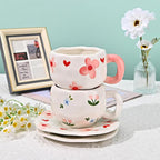 Koythin Ceramic Coffee Mug with Saucer Set, Cute Creative Pink Flower Cup Unique Irregular Design for Office and Home, 10 oz/300 ml for Latte Tea Milk