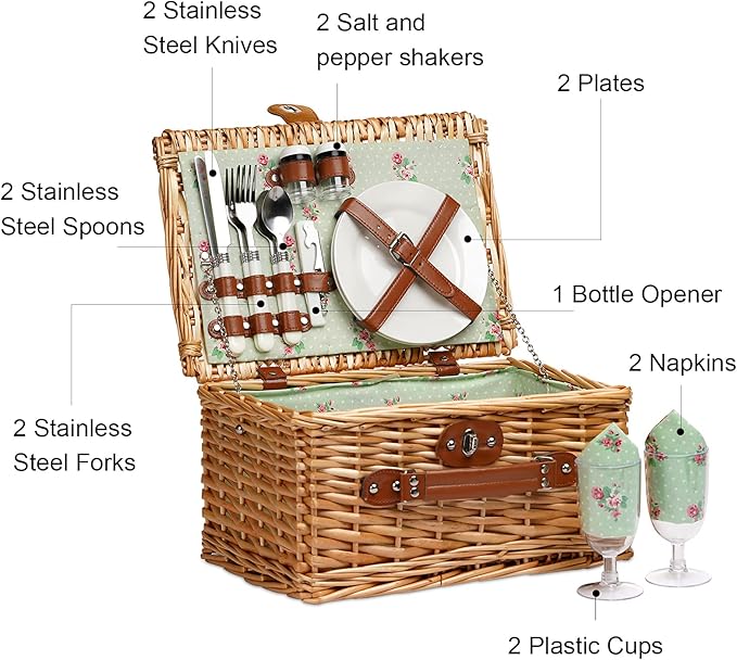 Wicker Picnic Basket for 2, Handmade Willow Hamper Basket Sets 2 Person Picnic Basket with Utensils Cutlery Perfect for Picnic, Camping