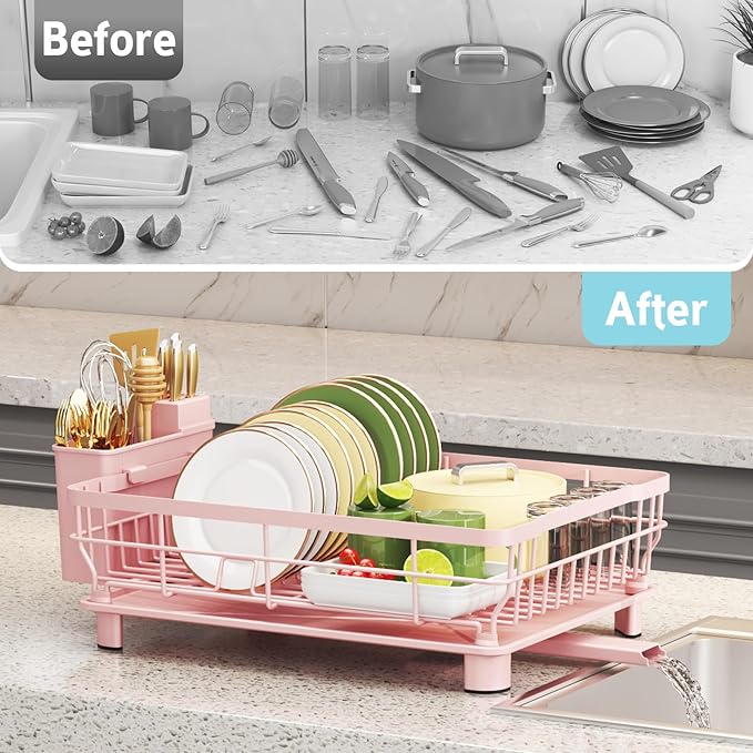 Dish Drying Rack - Space Saving Dish Rack - Dish Racks for Kitchen Counter with Drainboard,Rustproof Dish Drainer with Removable Utensil Holder,Pink