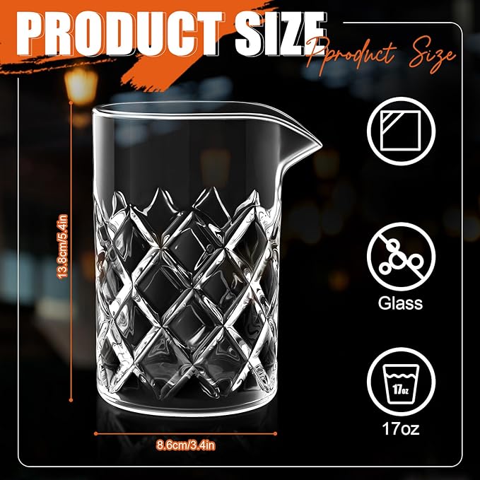 Dandat Cocktail Mixing Glass Crystal Stirring Glass Thick Bottom Seamless Cocktail Pitcher for Home Bartender Bar Whiskey Martini Drink Shaker Accessories (4 Pcs,17 oz)