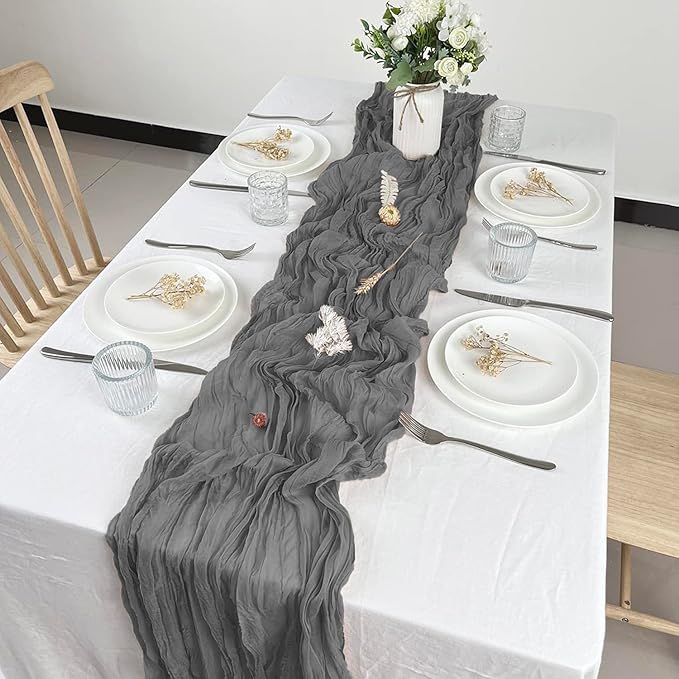 12 Pack Gery Cheesecloth Table Runner 10ft Boho Gauze Cheese Cloth Table Runner Rustic Sheer Runner 120 inch Long for Christmas Wedding Table Decorations