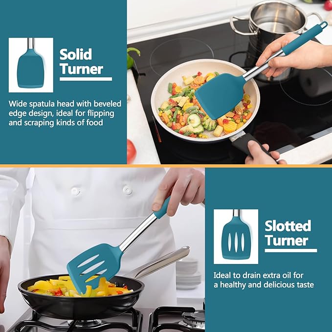 P&P CHEF Blue Kitchen Cooking Utensil Set of 4, Silicone Solid Spatulas Slotted Spoons Turners for Non-stick Cookware Flipping Mixing, Heat-proof