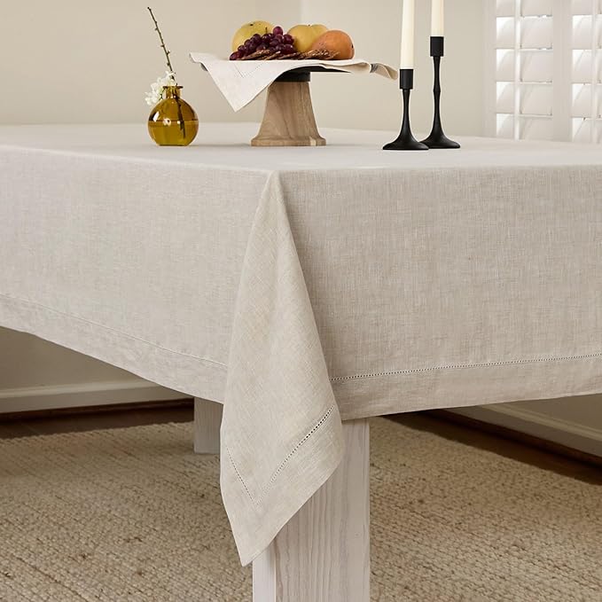Solino Home Linen Light Natural Tablecloth 60 x 120 Inch - Classic Hemstitch, 100% Pure Linen Rectangular Tablecloth - Machine Washable Table Cloth for Summer, Fall, Autumn