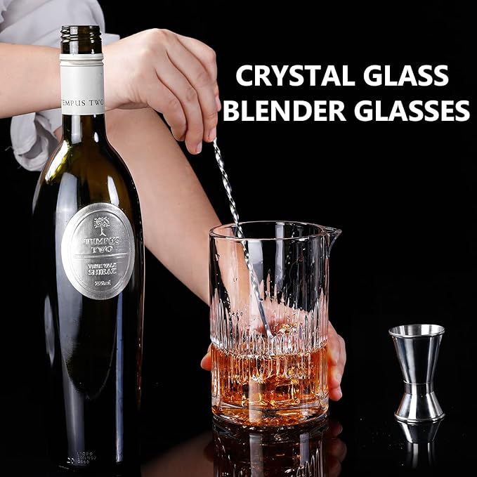 2 Pcs Cocktail Mixing,Crystal Glass Engraved Cocktail Stirring Glasses,24oz Drink Stirring,Thick Weighted Bottom,Professional Bartender's Mixer Glasses,Bar Tools.