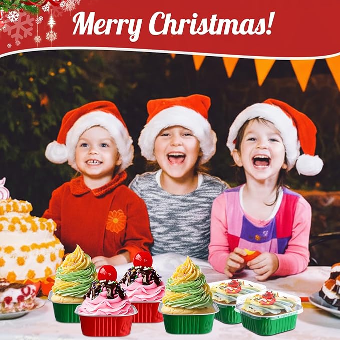 Aoriher 150 Pieces 10 oz Christmas Mini Cake Pans with Lids Christmas Aluminum Pans Baking Cups Square Disposable 4" x 4" Baking Tins for Desserts Xmas Party Supplies (Red Green)
