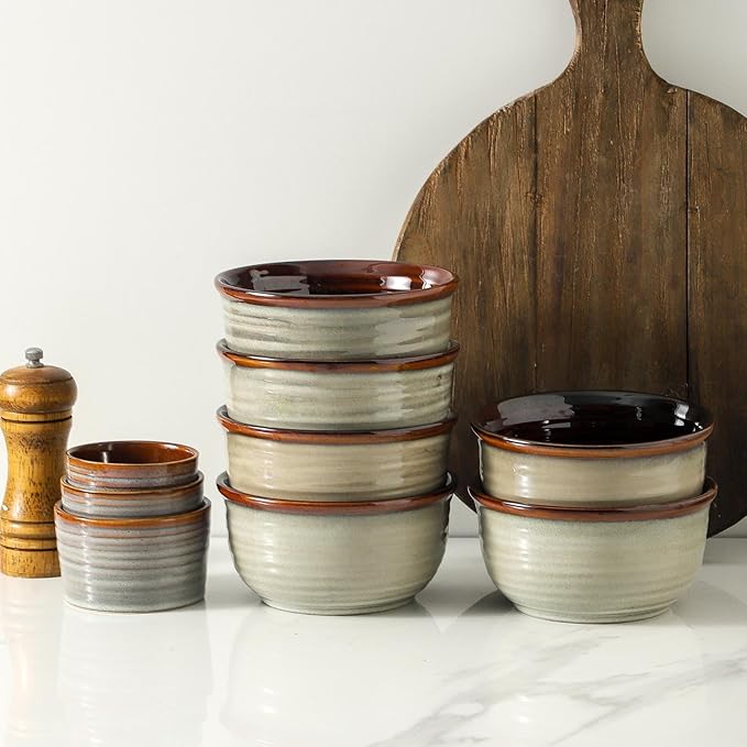 MEKY 20oz Ceramic Cereal Bowls Set of 6, Stackable Soup Bowls for Oatmeal, Ice Cream and Pasta Everyday Use, Microwave & Dishwasher Safe, Modern & Durable, Brown