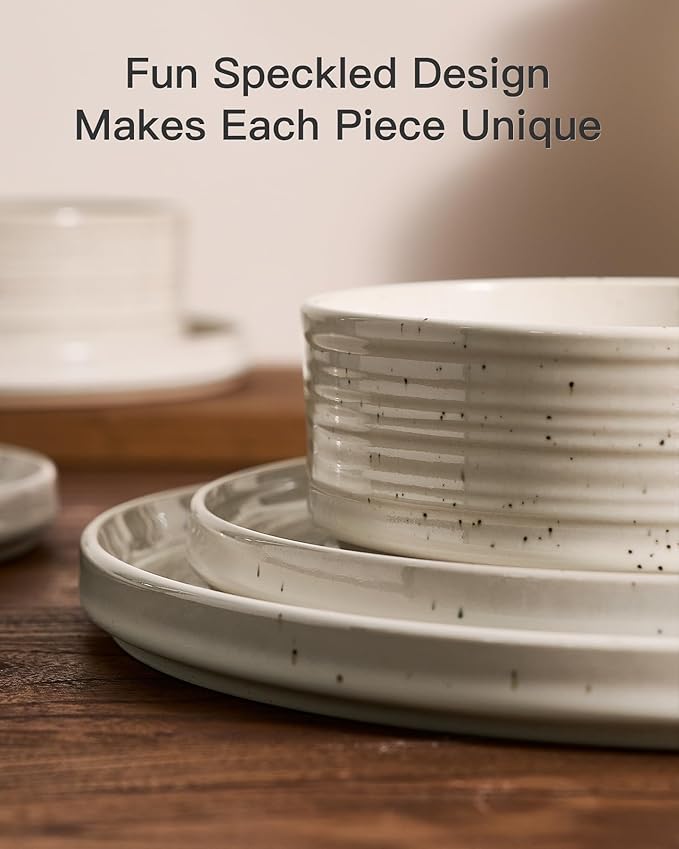 Stoneware Dinnerware Sets, Dish Set for 8, 24 Pieces Spiral Dishware Set with Straight Rim, Speckles & Reactive Glaze - Microwave and Dishwasher Safe Tableware, Shell Beige
