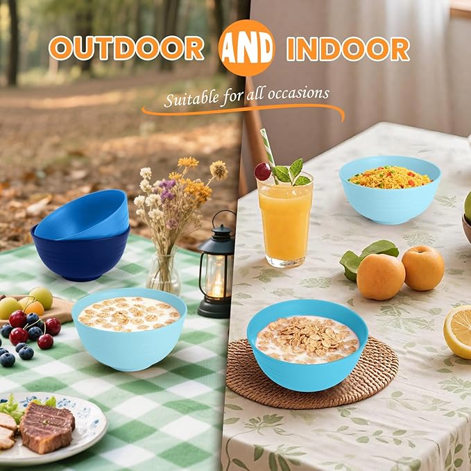 Homienly Wheat Straw Bowls, 8 PCS Microwave Safe Bowl Unbreakable for Salad, Soup, Cereal, Oatmeal, Reusable Plastic Bowls for Kithen, Family, Camping, Party, Dishwasher Safe, 26 OZ (Gradient Blue)