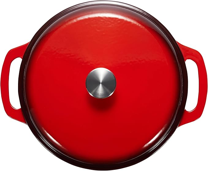 Amazon Basics Cast Iron Dutch Oven Pot with Lid, Enameled, Round, Dual Handles, Heavy-Duty, Small, 4.3-Quart, Red