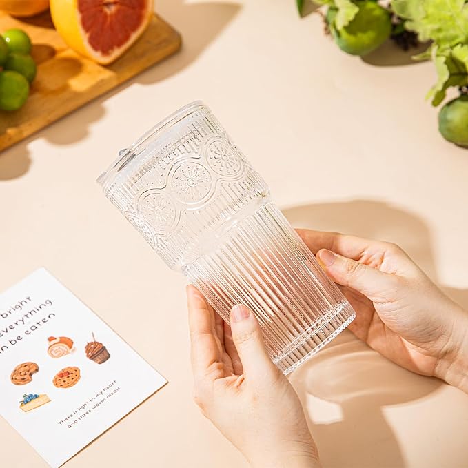 20oz Ribbed & Floral Glass Tumbler Set of 4 – Reusable Glass Cups with Lid and Glass Straw, To-Go Iced Coffee Cups for Water, Smoothie, Milk, Cocktail & More – Perfect for Daily Use & Travel