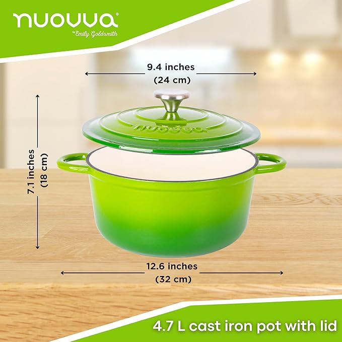 Cast Iron Pot with Lid – Non-Stick Ovenproof Enamelled Casserole Pot, Oven Safe up to 500° F – Sturdy Dutch Oven Cookware – Green, 5-Quart, 24cm – by Nuovva